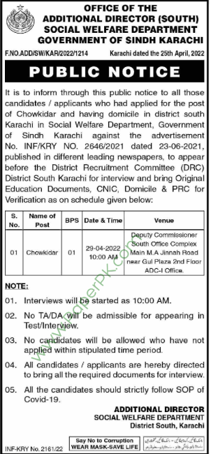 Chowkidar jobs in Karachi 2022